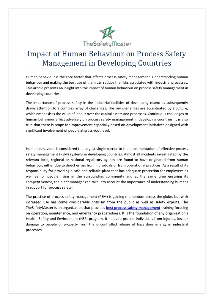 impact of human behaviour on process safety