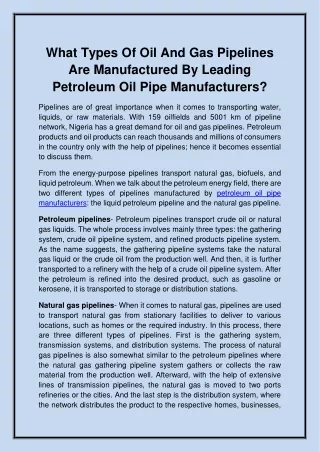 What types of oil and gas pipelines are manufactured by leading Petroleum Oil Pipe manufacturers