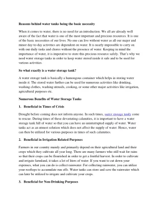 reasons behind water tanks being the basic