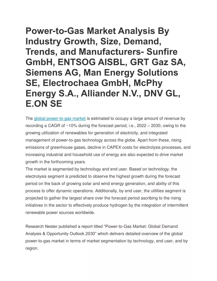 power to gas market analysis by industry growth