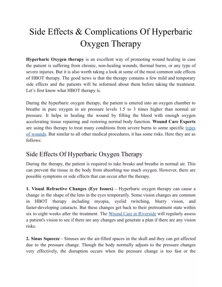 side effects complications of hyperbaric oxygen