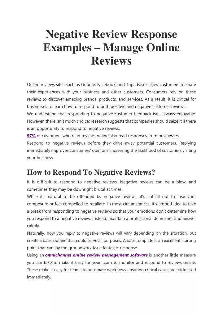 negative review response examples manage online
