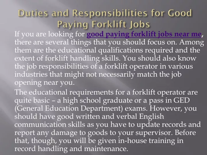 duties and responsibilities for good paying forklift jobs