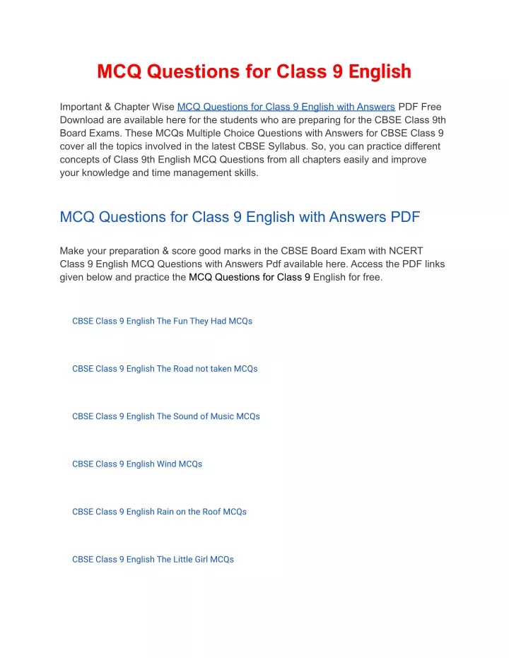 PPT - MCQs Class 9 English With Answers PDF Download PowerPoint ...