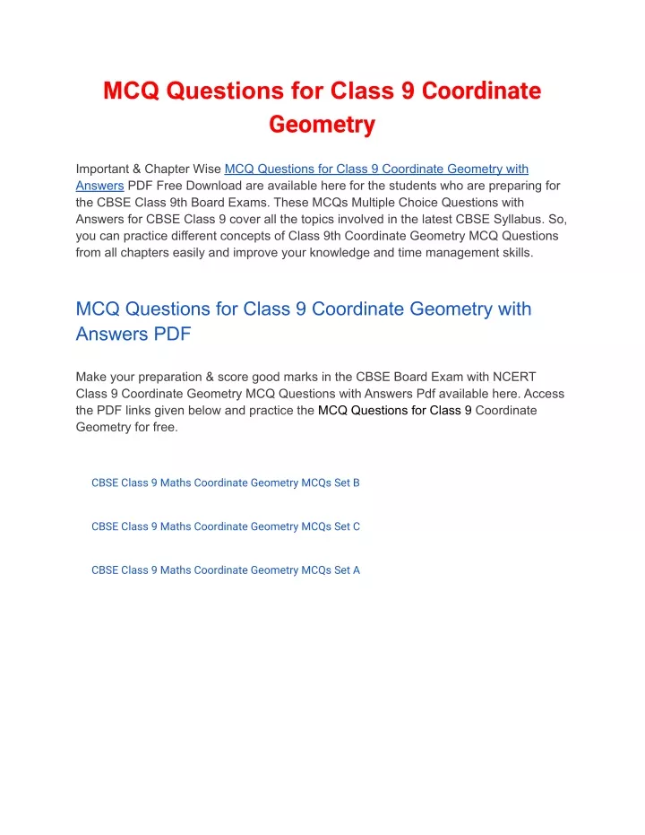 mcq questions for class 9 coordinate geometry