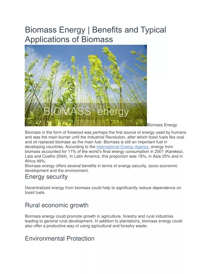 biomass energy benefits and typical applications