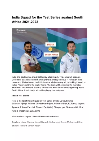 India Squad for the tour of South Africa 2021-2022