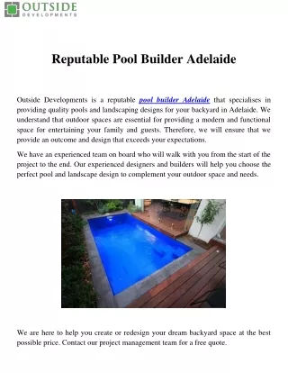 Reputable Pool Builder Adelaide