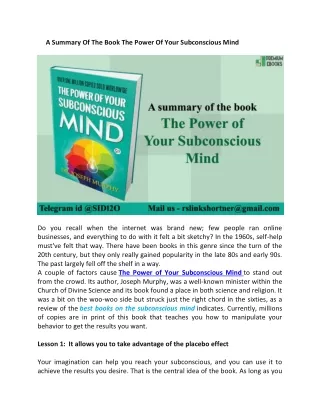 A Summary Of The Book The Power Of Your Subconscious Mind