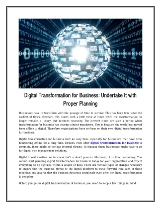Digital Transformation for Business- Undertake It with Proper Planning