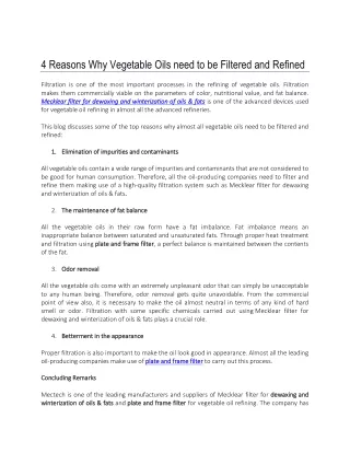 4 Reasons Why Vegetable Oils need to be Filtered and Refined