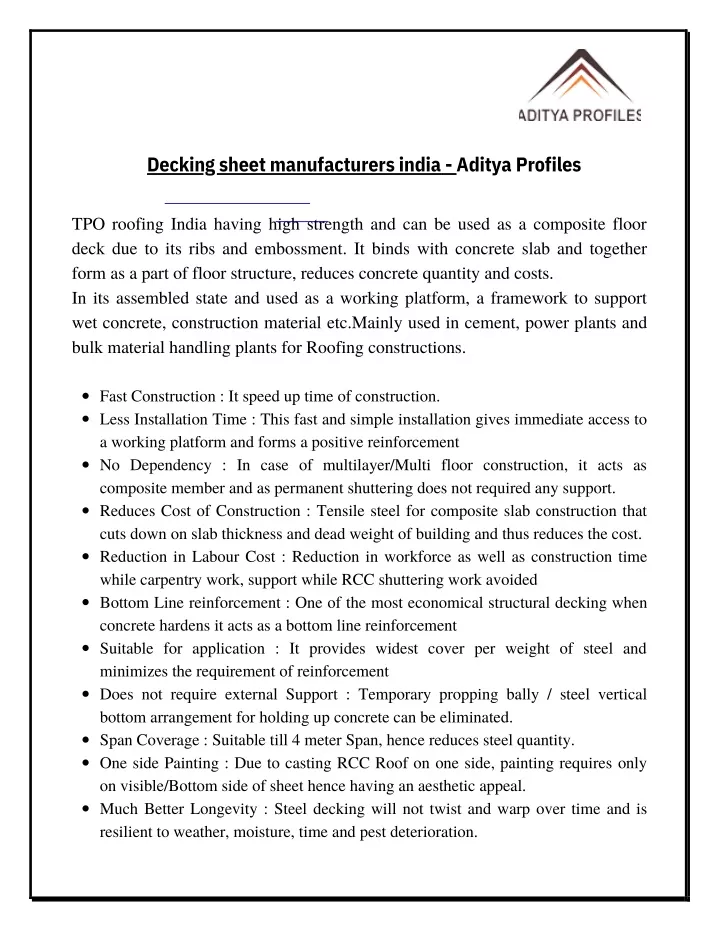 decking sheet manufacturers india aditya profiles