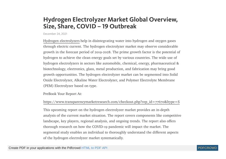 hydrogen electrolyzer market global overview size