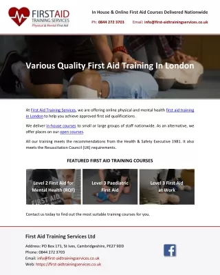 Various Quality First Aid Training In London