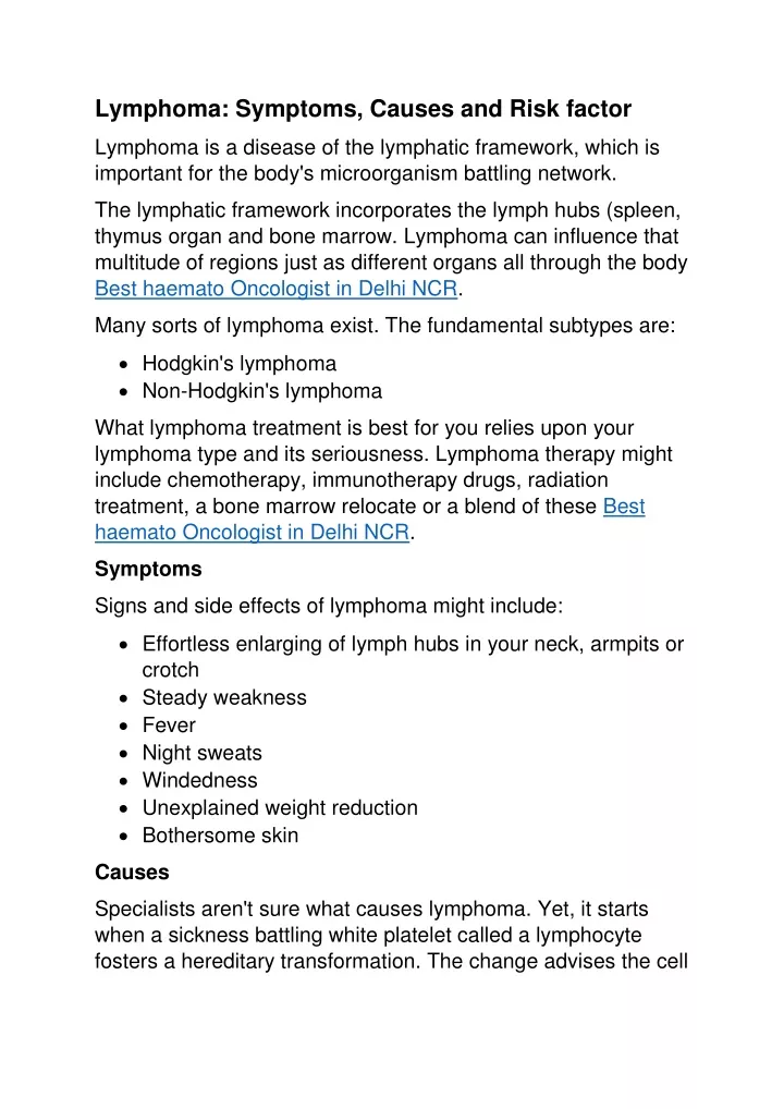 lymphoma symptoms causes and risk factor