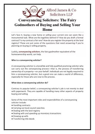 Conveyancing Solicitors: The Fairy Godmothers of Buying and Selling Your Home