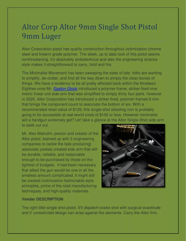 altor corp altor 9mm single shot pistol 9mm luger