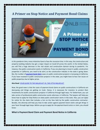 A Primer on Stop Notice and Payment Bond Claims