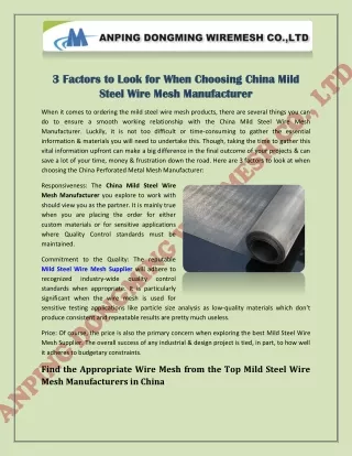 3 Factors to Look for When Choosing China Mild Steel Wire Mesh Manufacturer
