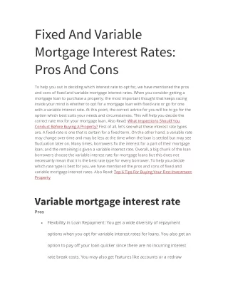 Fixed And Variable Mortgage Interest Rates - Pros And Cons