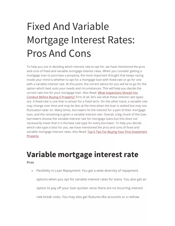 fixed and variable mortgage interest rates pros