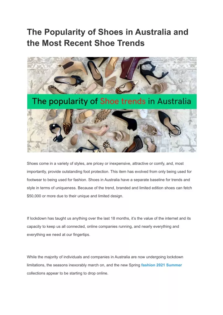 the popularity of shoes in australia and the most
