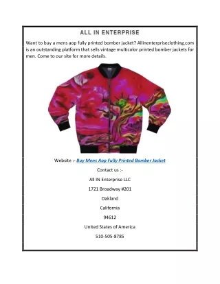 Buy Mens Aop Fully Printed Bomber Jacket  Allinenterpriseclothing.com