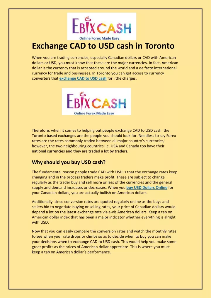 exchange cad to usd cash in toronto