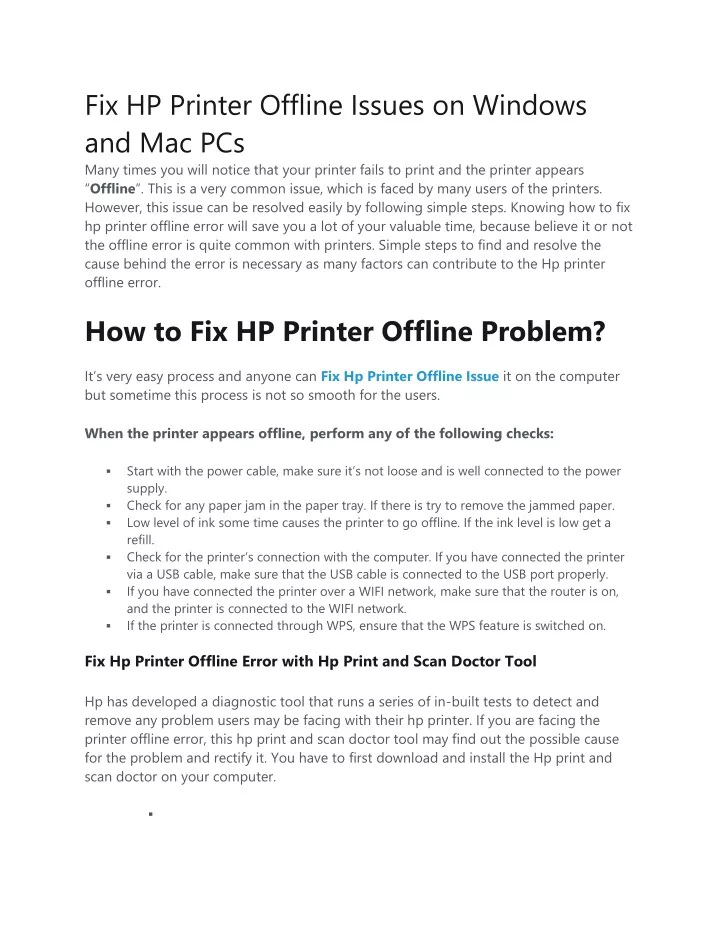 fix hp printer offline issues on windows