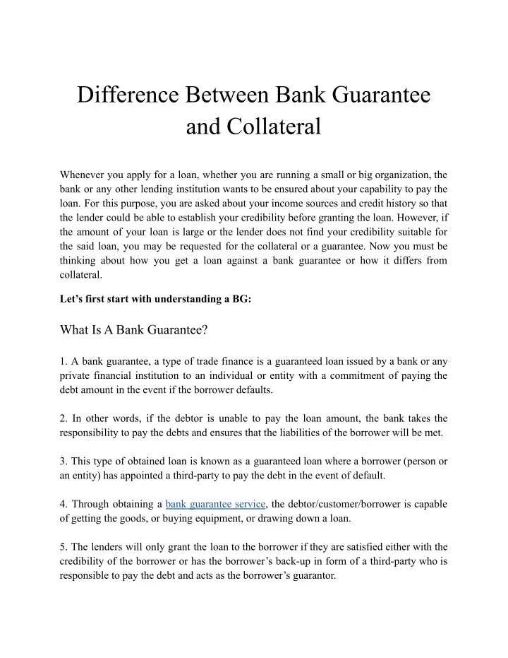 difference between bank guarantee and collateral