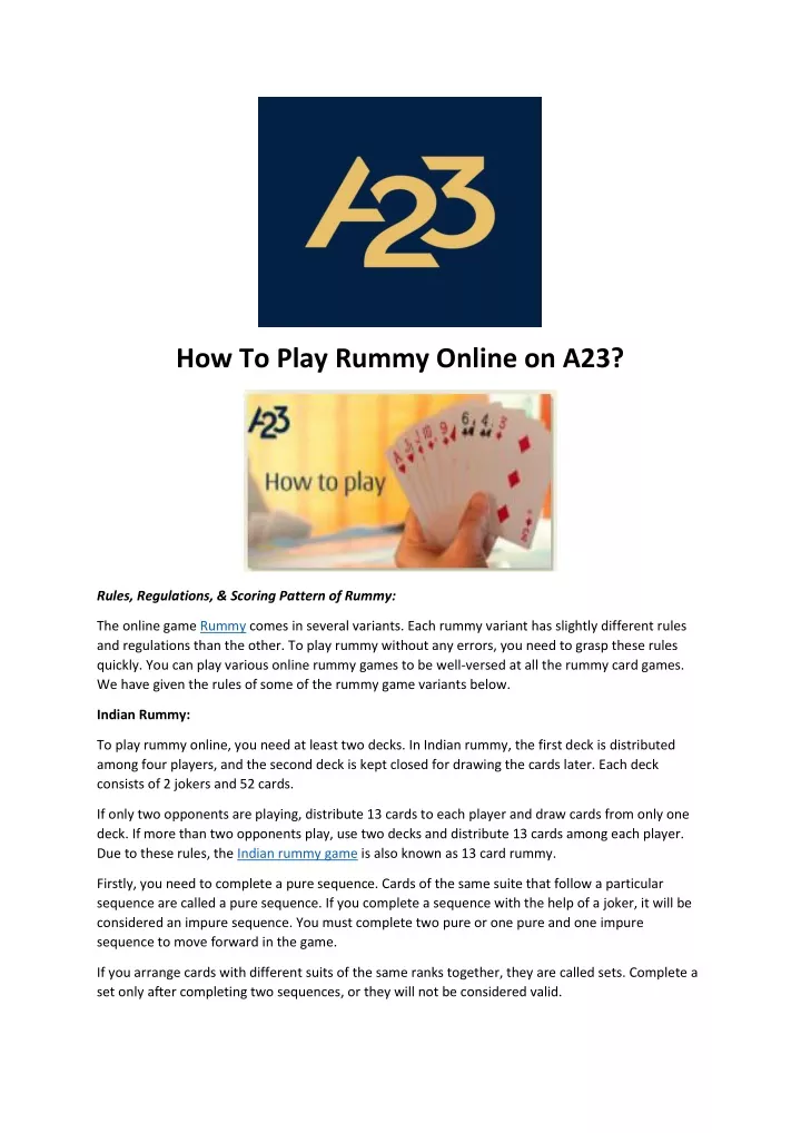 how to play rummy online on a23