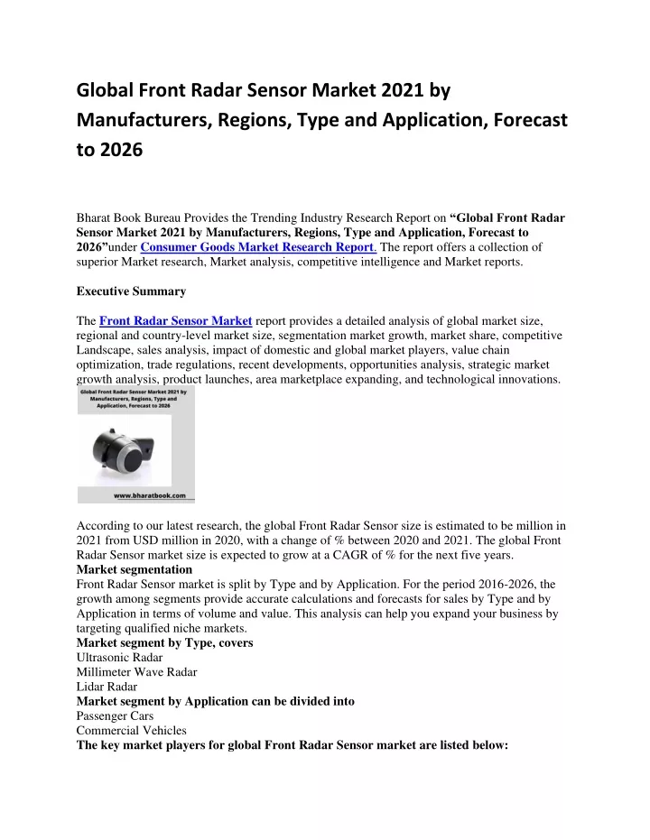 global front radar sensor market 2021