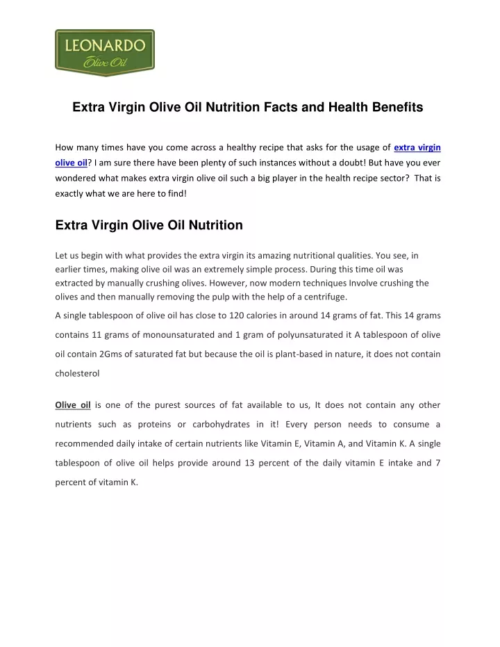 extra virgin olive oil nutrition facts and health