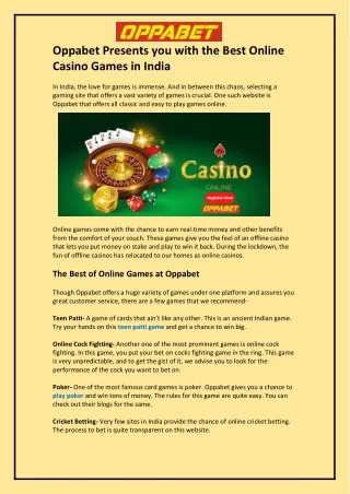 Oppabet Presents you with the Best Online Casino Games in India