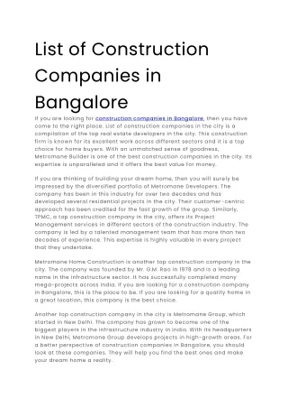 List of Construction Companies in Bangalore