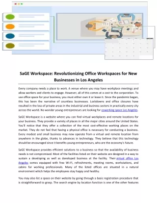 SaGE Workspace- Revolutionizing Office Workspaces for New Businesses in Los Angeles