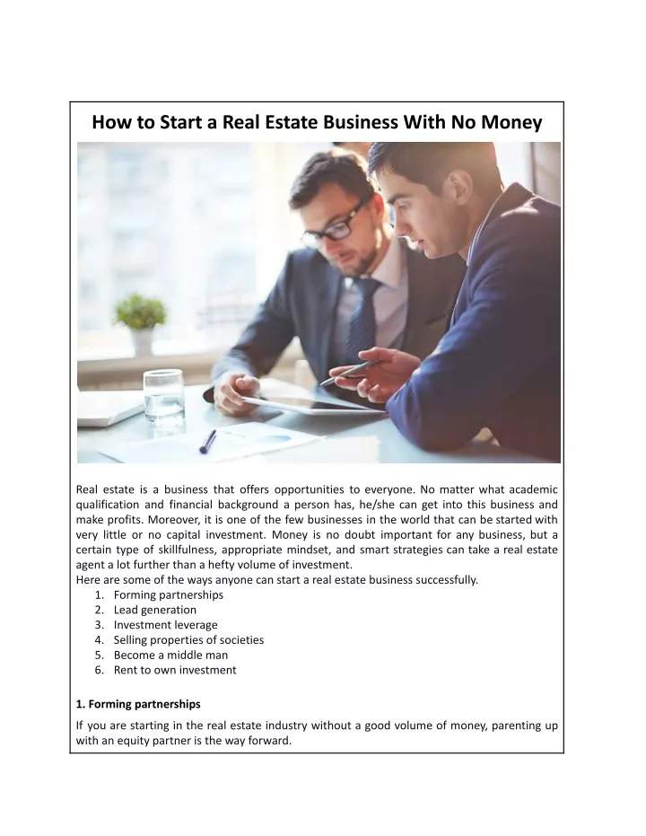 how to start a real estate business with no money