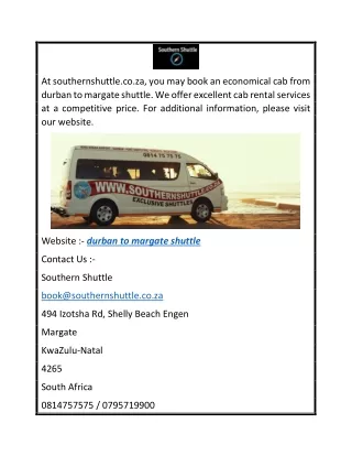 Durban To Margate Shuttle   Southernshuttle.co.za
