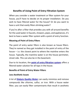 Benefits of Using Point of Entry Filtration System