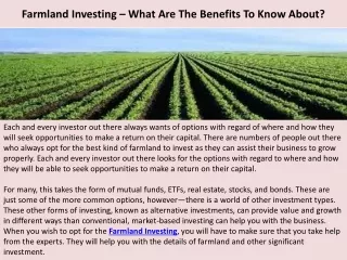 Farmland Investing – What Are The Benefits To Know About?