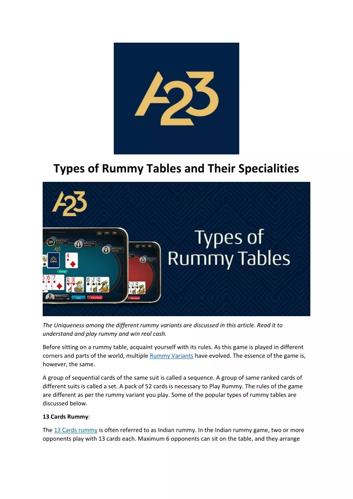 types of rummy tables and their specialities