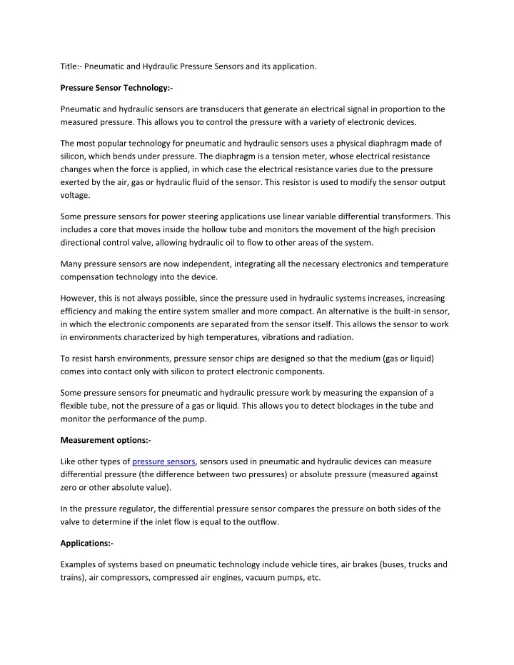 title pneumatic and hydraulic pressure sensors