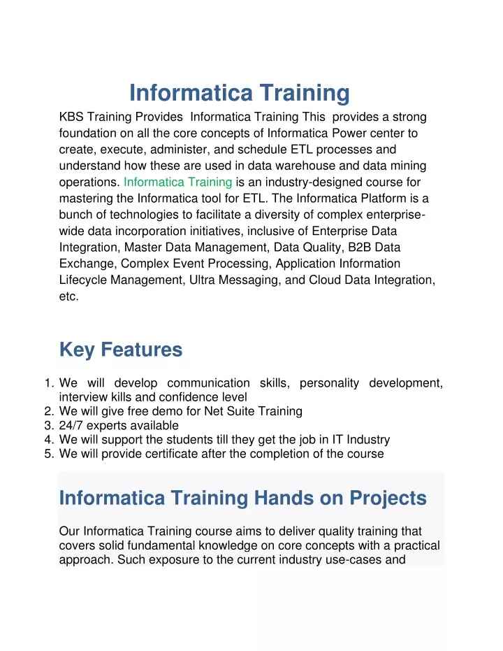 informatica training kbs training provides
