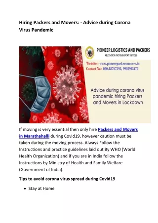 Advice during corona virus pandemic hiring Packers and Movers in Lockdown