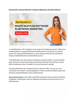 Best Benefits of Binary MLM Plan in Network Marketing | Elite MLM Software