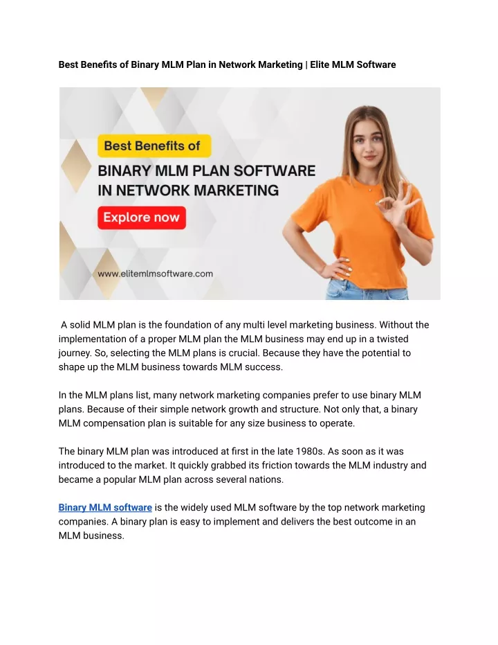 best benefits of binary mlm plan in network