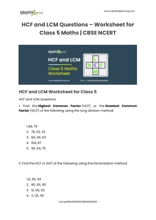 HCF and LCM Questions - Worksheet for Class 5 Maths | NCERT Solution