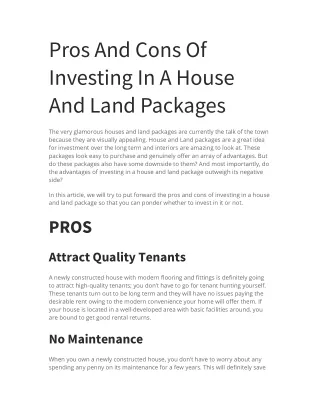 Pros And Cons Of Investing In A House And Land Packages