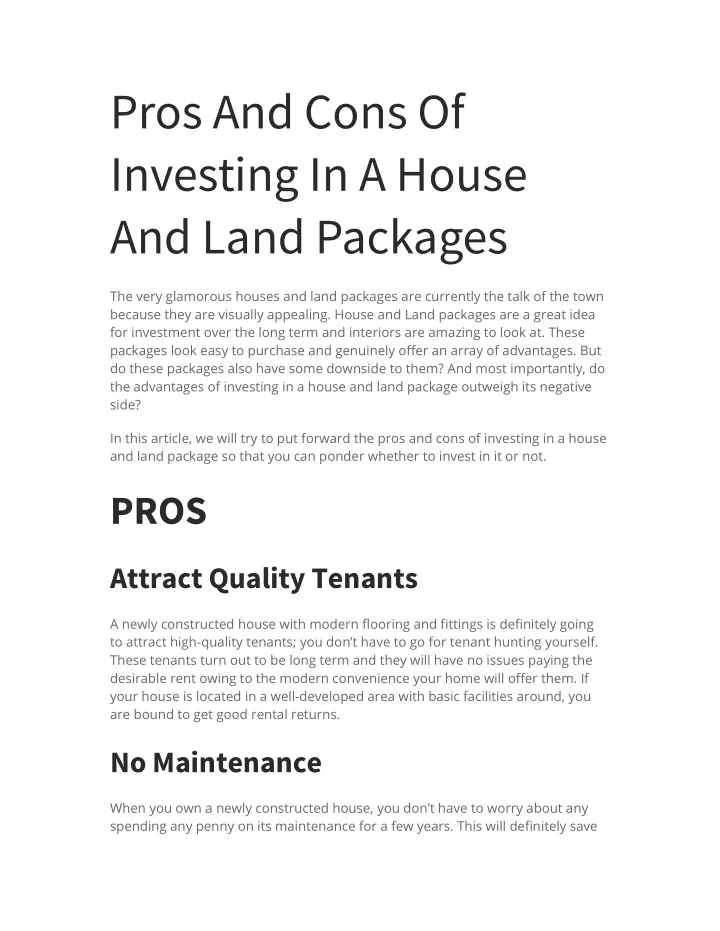 pros and cons of investing in a house and land