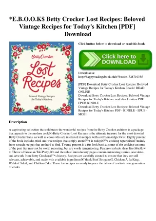 E.B.O.O.K$ Betty Crocker Lost Recipes Beloved Vintage Recipes for Today's Kitchen [PDF] Download